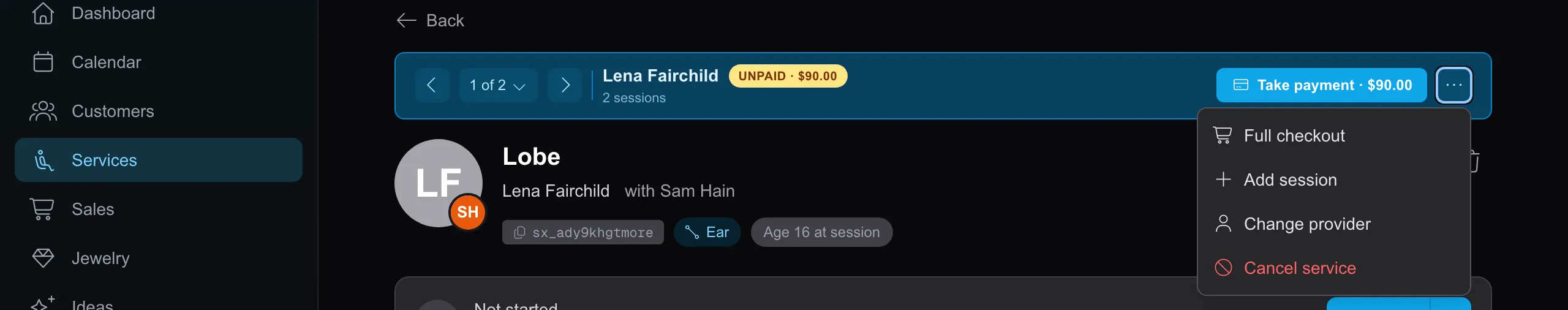 The service bar menu